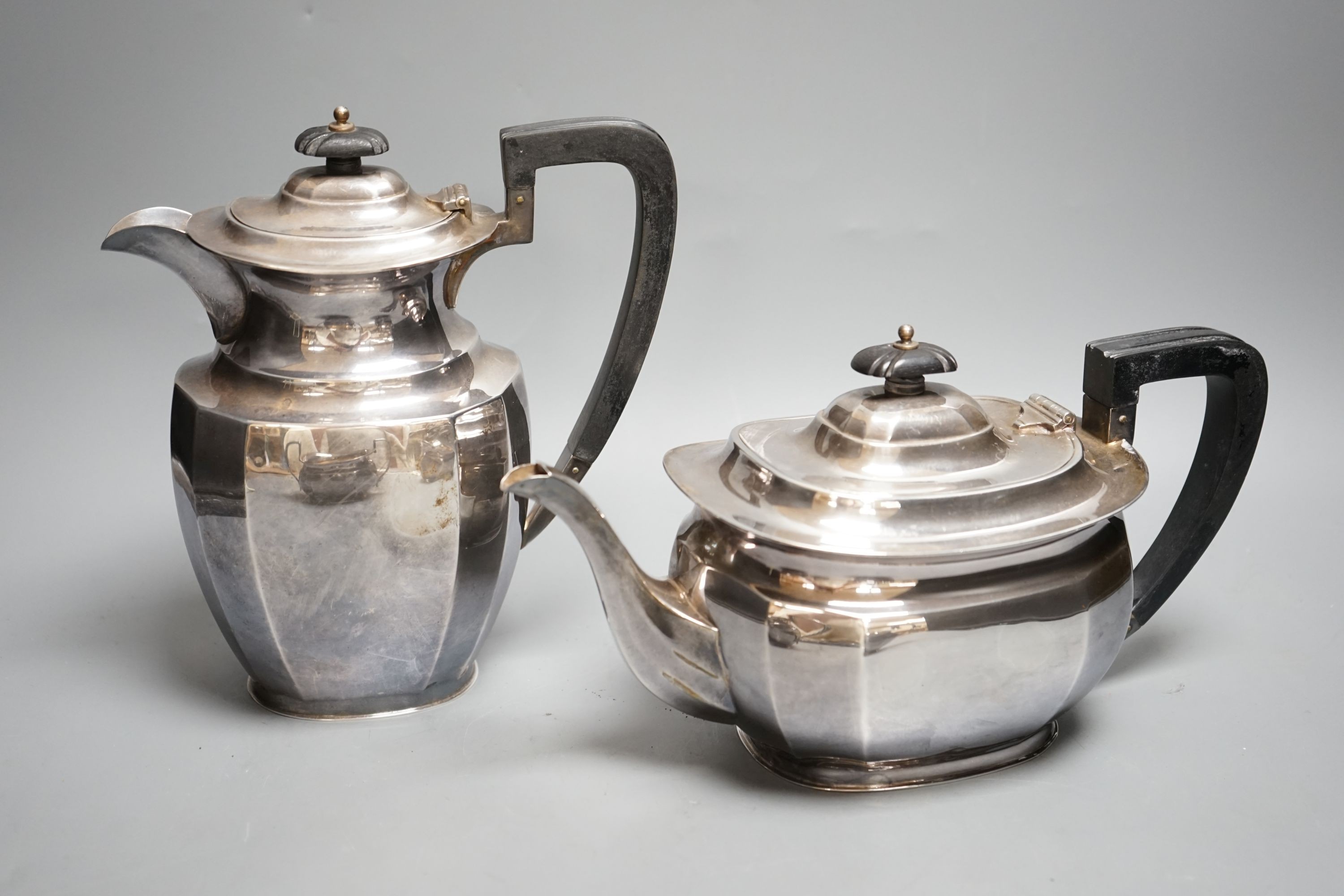 A George VI silver four piece tea set, Atkin Bros. Sheffield, 1944, gross 52oz.